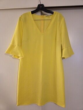 Trina Turk Yellow V-Neck Ruffle Sleeve Shift Dress